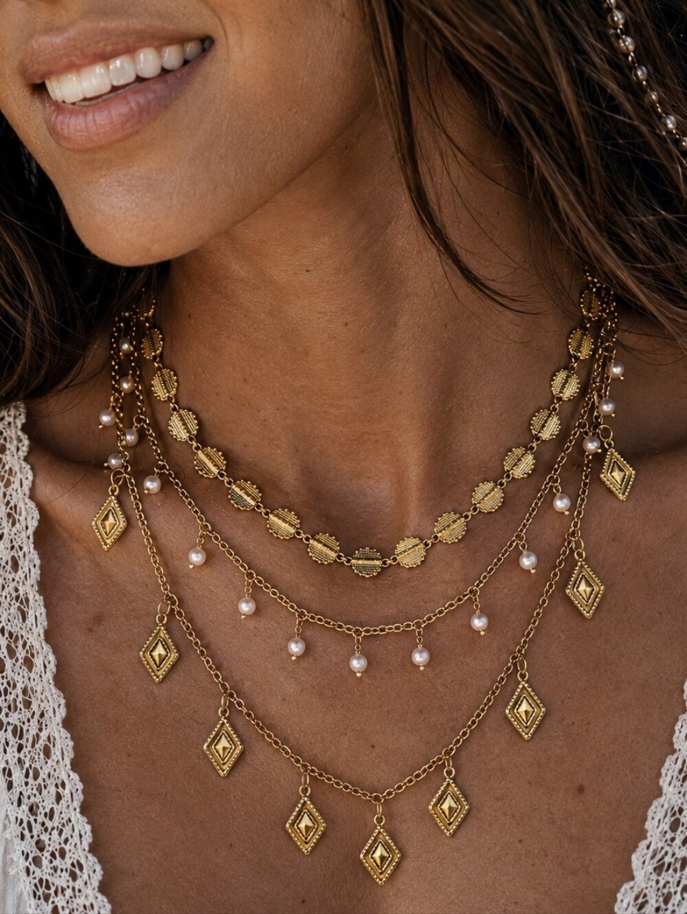 Boho Antique Gold Layered Necklace Coin Link Diamond Charm White Bead 17"